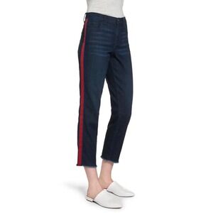 Halogen | Straight‎ Crop Raw Hem Tuxedo Stripe Jeans in Red & Blue